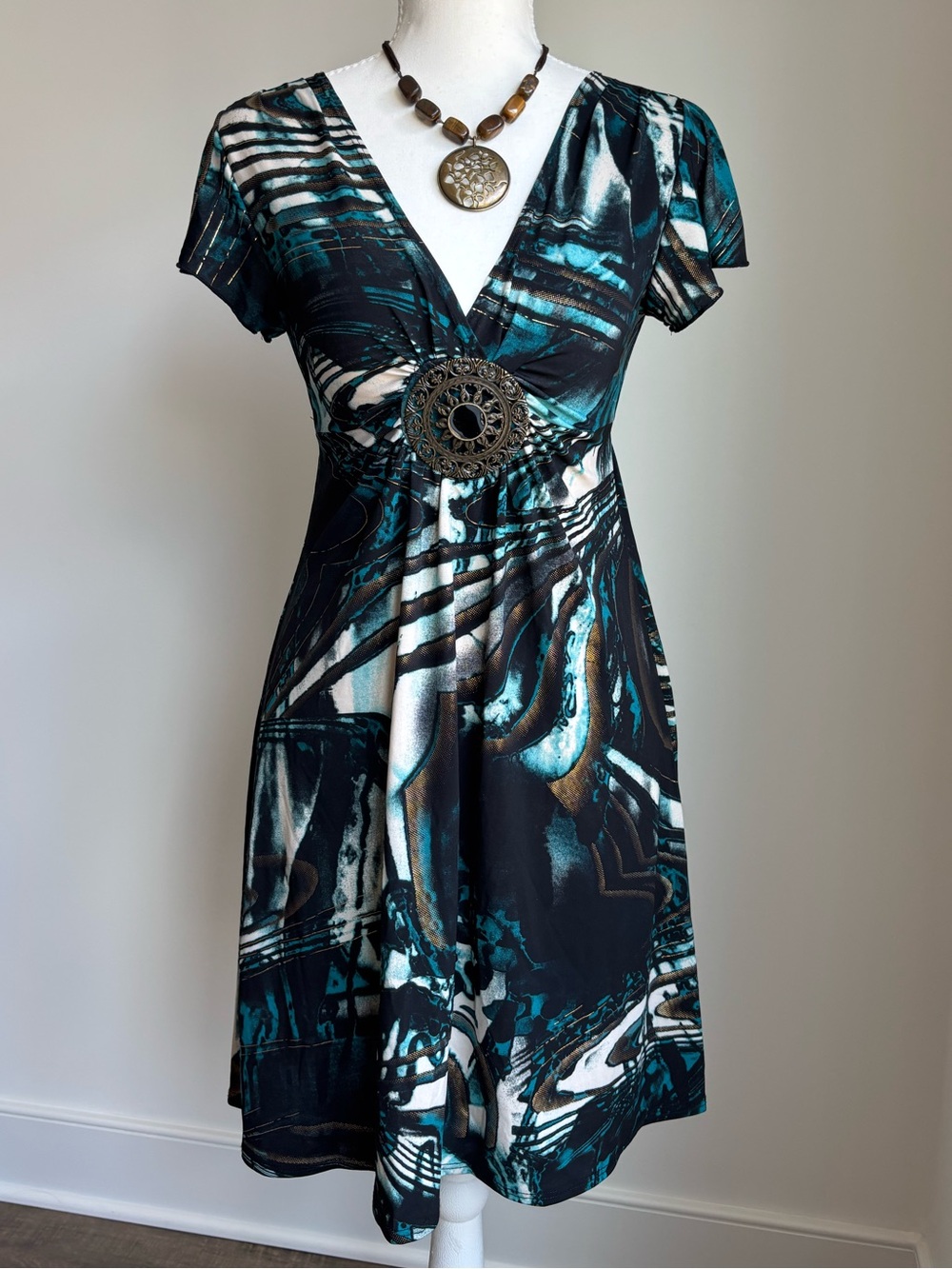 Abstract Teal & Black V-Neck Fit-and-Flare Dress With Insane whimsi detail